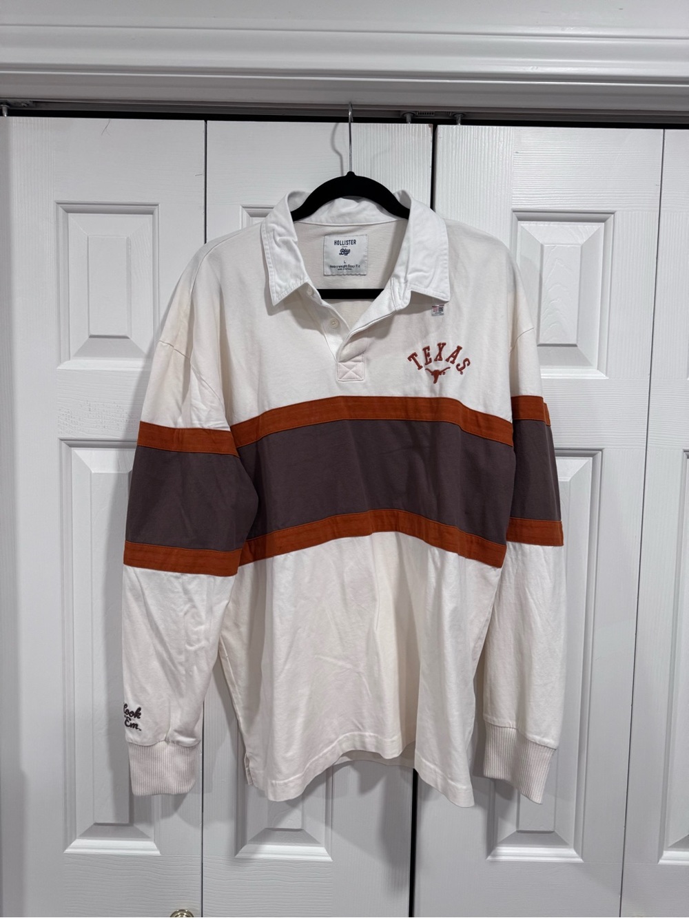 Hollister White Rugby Shirt with Brown & Rust Stripes